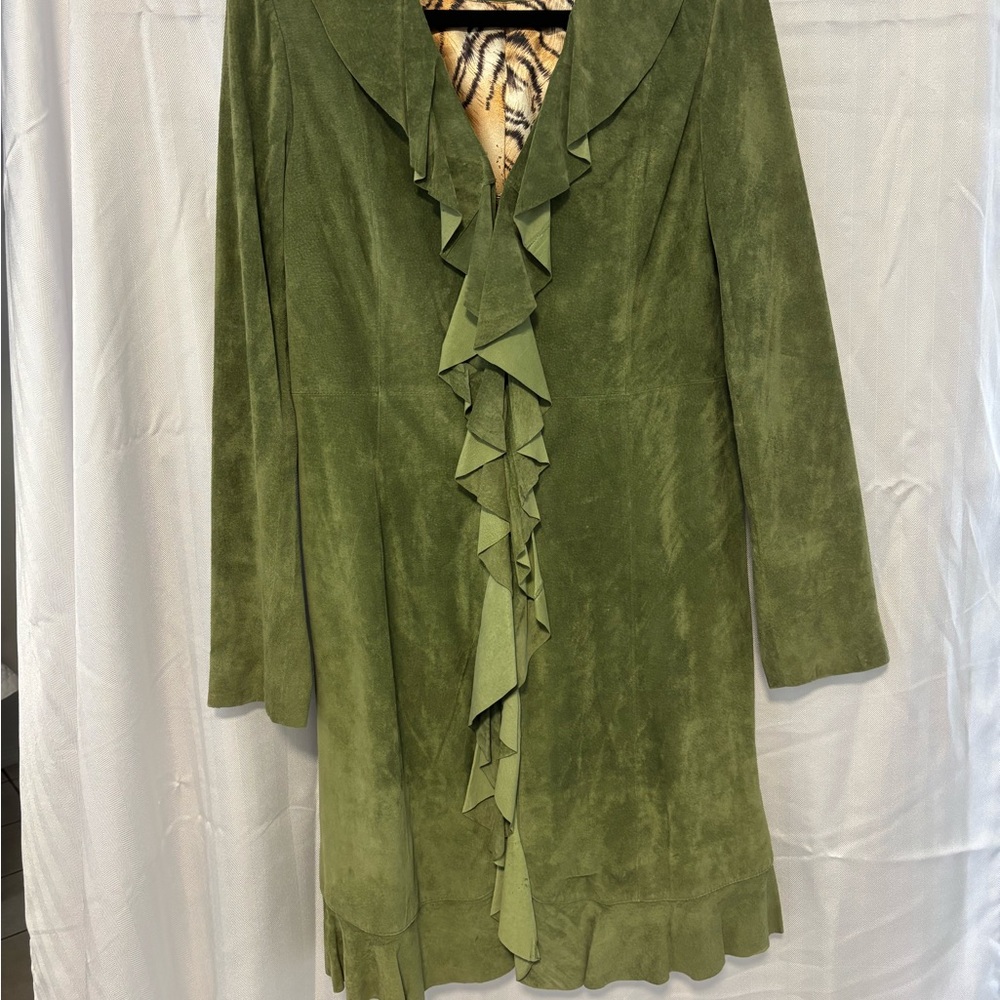 Elegant Olive Green Suede Jacket with Ruffle detail by Scully.